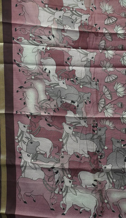 Malai Cotton Saree Pichwai & Floral Print - Pink