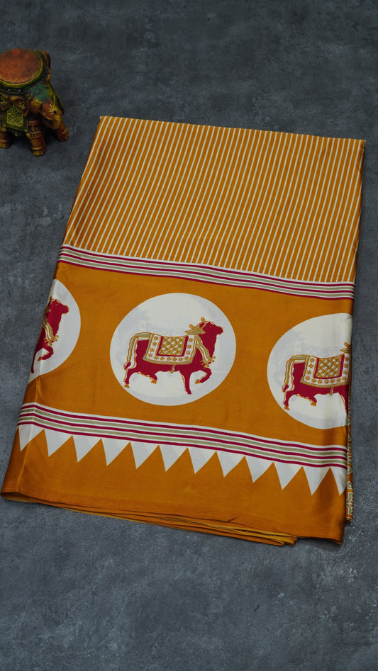 Modal Satin Saree with Ajrakh Blouse - Mustard