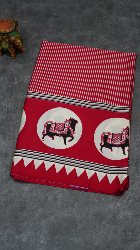 Modal Satin Saree with Ajrakh Blouse - Pinkish Red