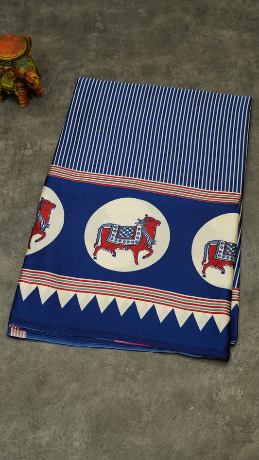 Modal Satin Saree with Ajrakh Blouse - Blue