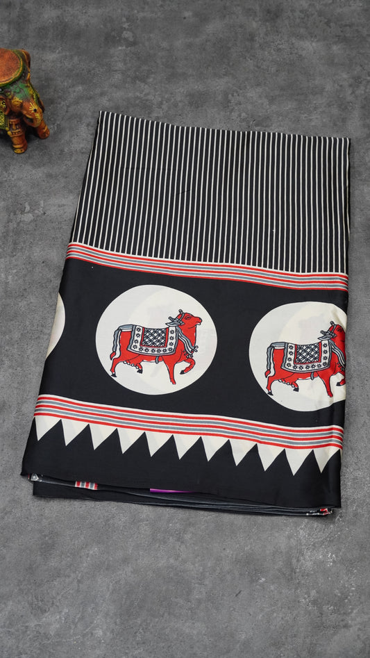 Modal Satin Saree with Ajrakh Blouse - Black
