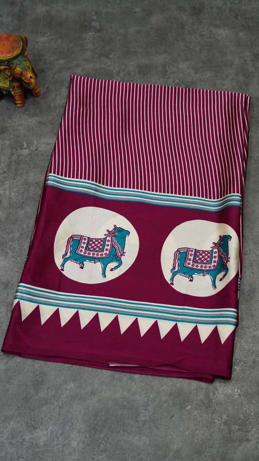Modal Satin Saree with Ajrakh Blouse - Purple