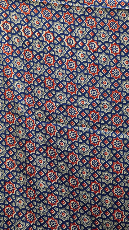 Modal Satin Saree with Ajrakh Blouse - Blue