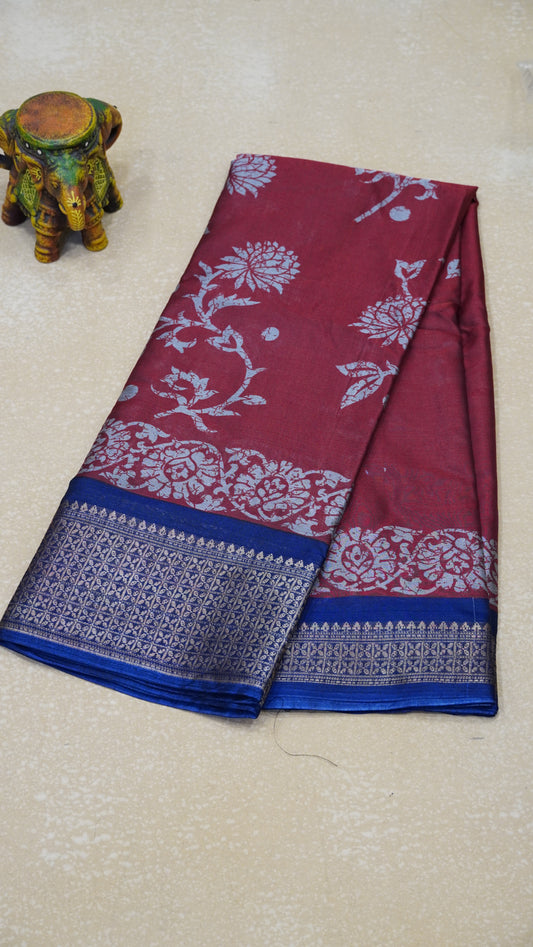Dola Silk Saree Floral Print - Maroon