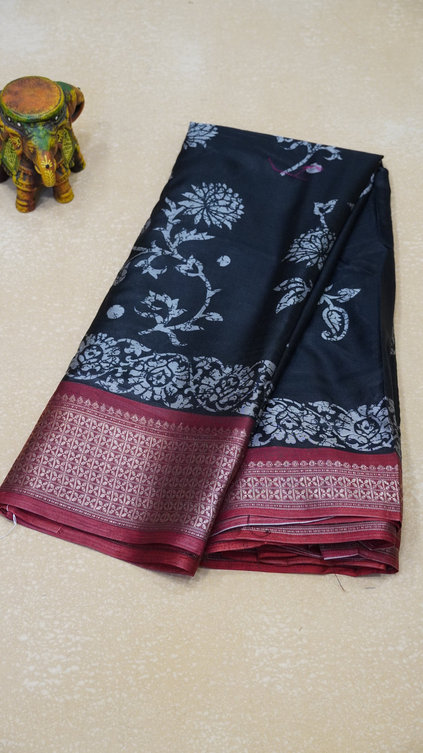 Dola Silk Saree Floral Print - Black