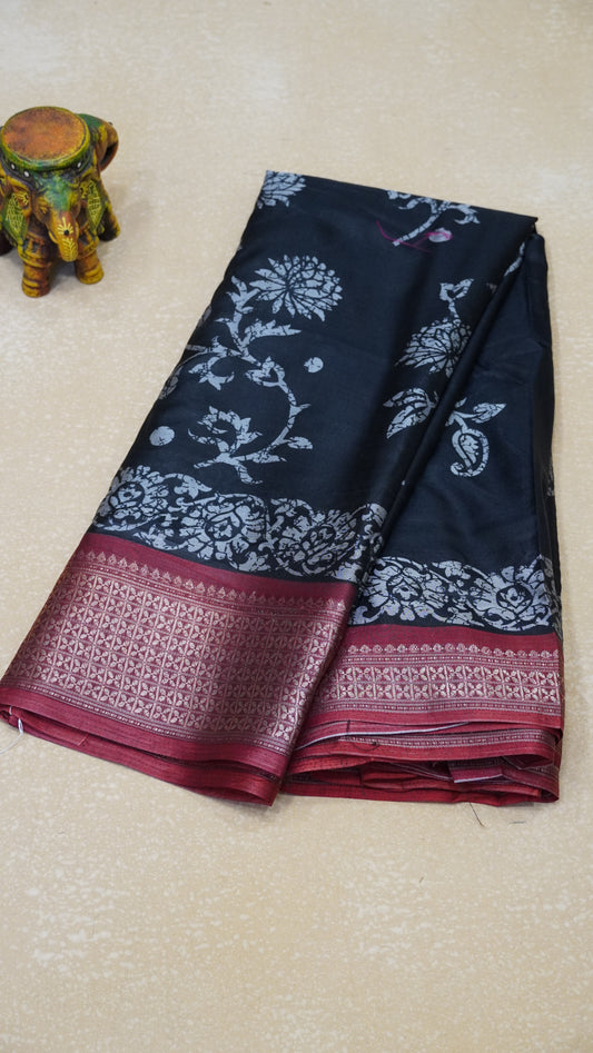 Dola Silk Saree Floral Print - Black