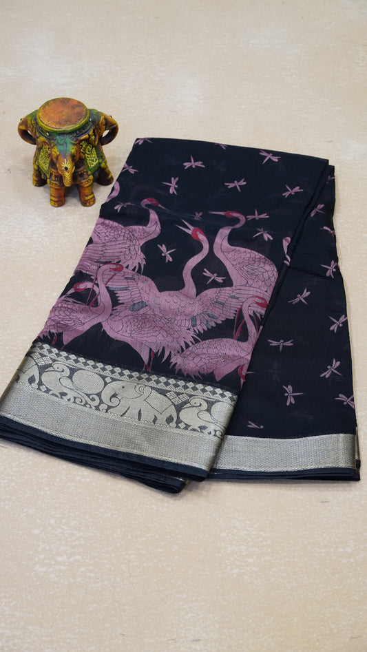 Chanderi Saree Flamingo Print - Pink
