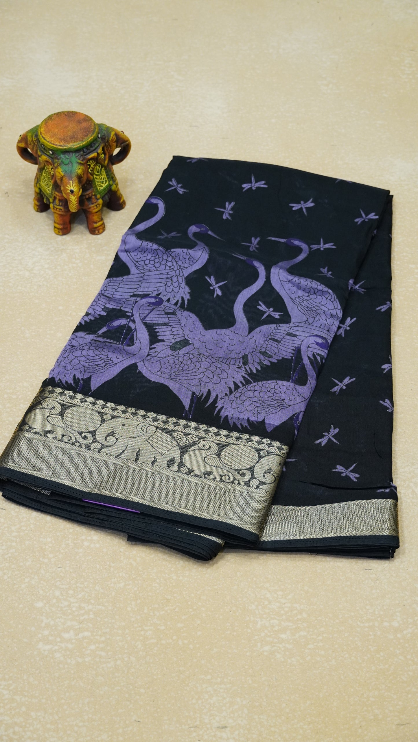Chanderi Saree Flamingo Print - Lavender