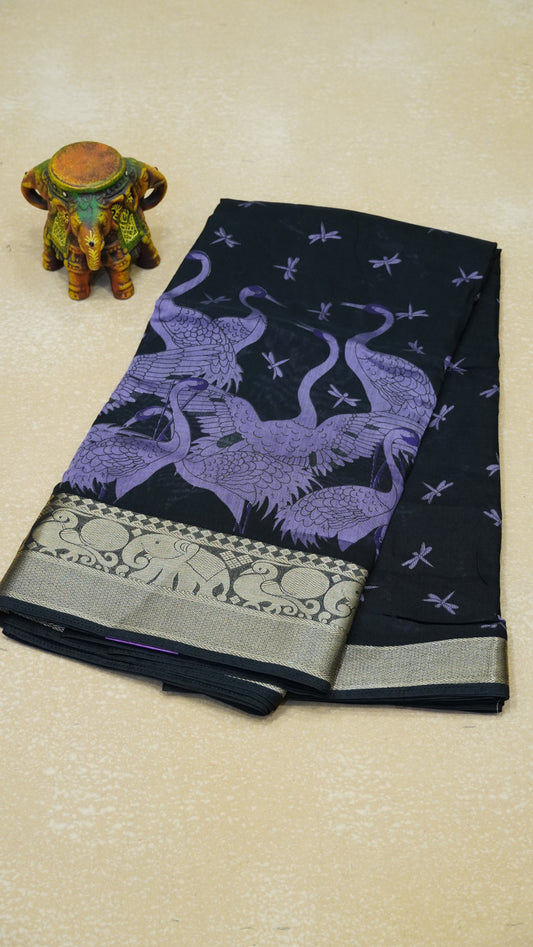 Chanderi Saree Flamingo Print - Lavender