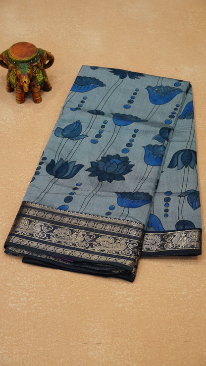 Malai Cotton Saree Mangalgiri Border - Blue