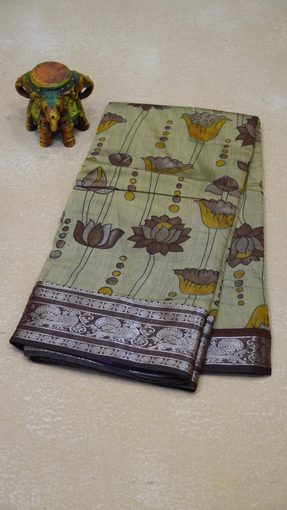 Malai Cotton Saree Mangalgiri Border - Olive Green