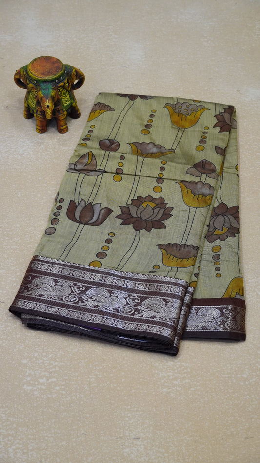Malai Cotton Saree Mangalgiri Border - Olive Green
