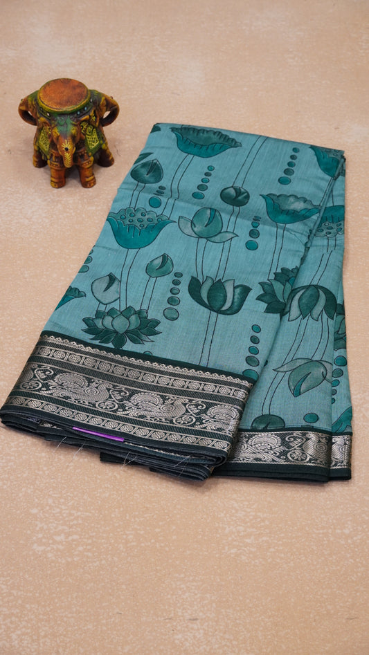 Malai Cotton Saree Mangalgiri Border - Green