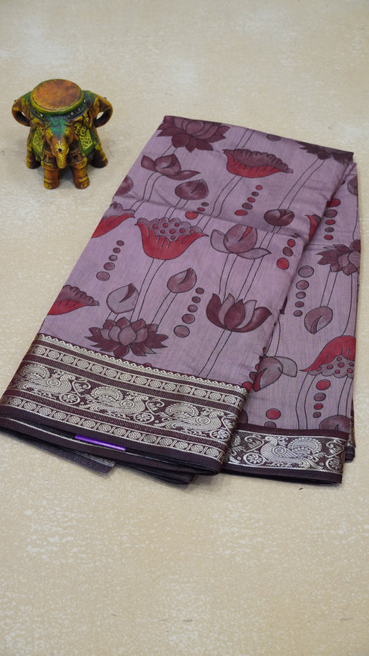 Malai Cotton Saree Mangalgiri Border - Onion Pink