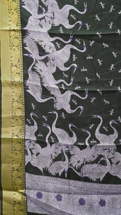 Chanderi Saree Flamingo Print - Lavender