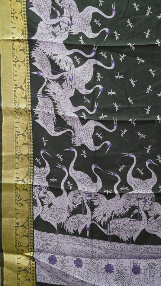 Chanderi Saree Flamingo Print - Lavender