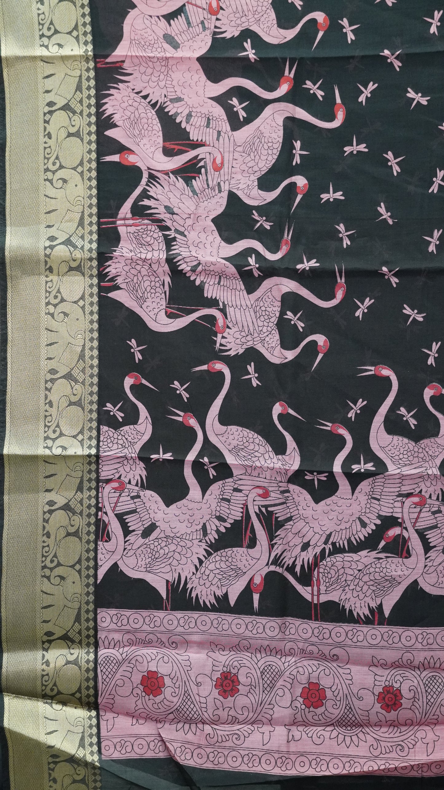 Chanderi Saree Flamingo Print - Pink