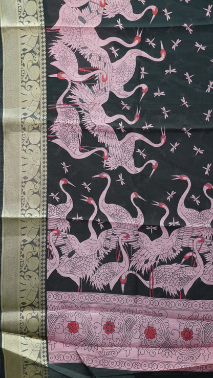 Chanderi Saree Flamingo Print - Pink