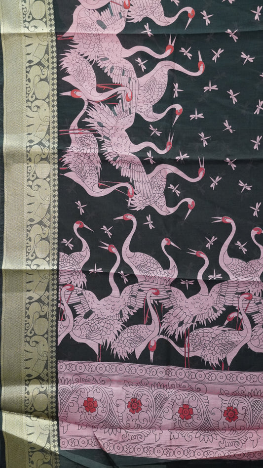 Chanderi Saree Flamingo Print - Pink