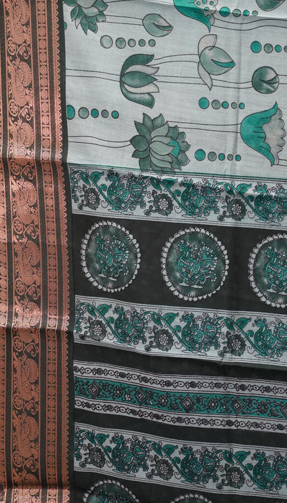 Malai Cotton Saree Mangalgiri Border - Green
