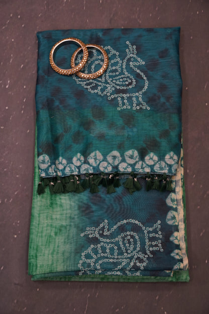 Mal Chanderi Saree - Bandhini Pattern Green