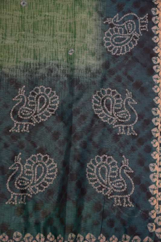 Mal Chanderi Saree - Bandhini Pattern Green