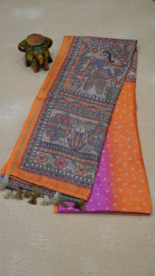 Semi Chanderi Saree Bandhini Print - Orange