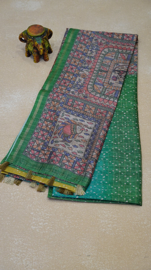 Semi Chanderi Saree Zig Zag Diamond Dots - Green