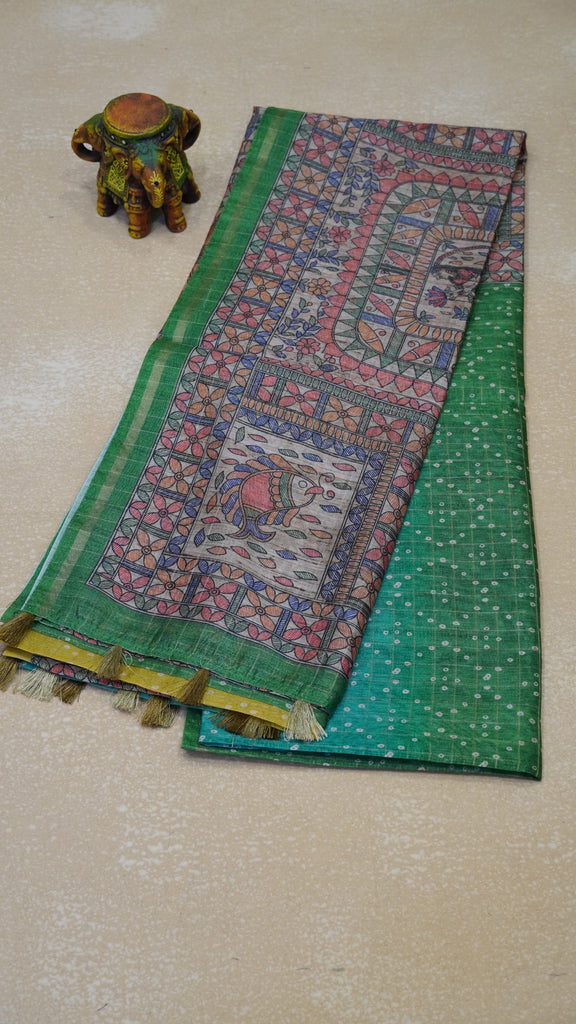 Semi Chanderi Saree Zig Zag Diamond Dots - Green