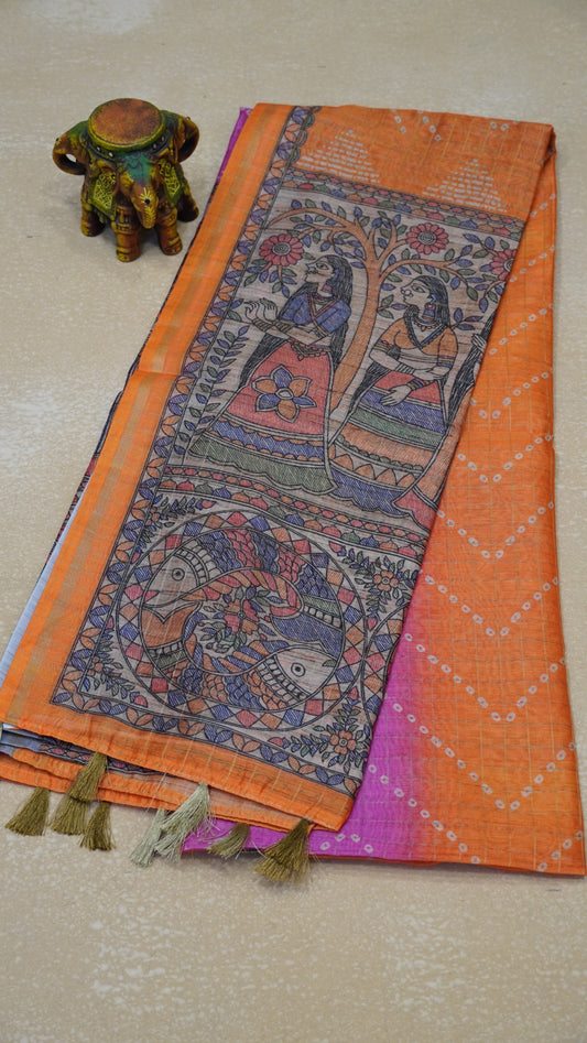 Semi Chanderi Saree Zig Zag Bandhini Print - Orange