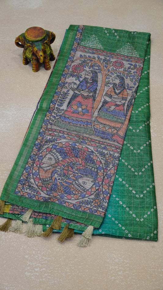 Semi Chanderi Saree Zig Zag Bandhini Print - Green