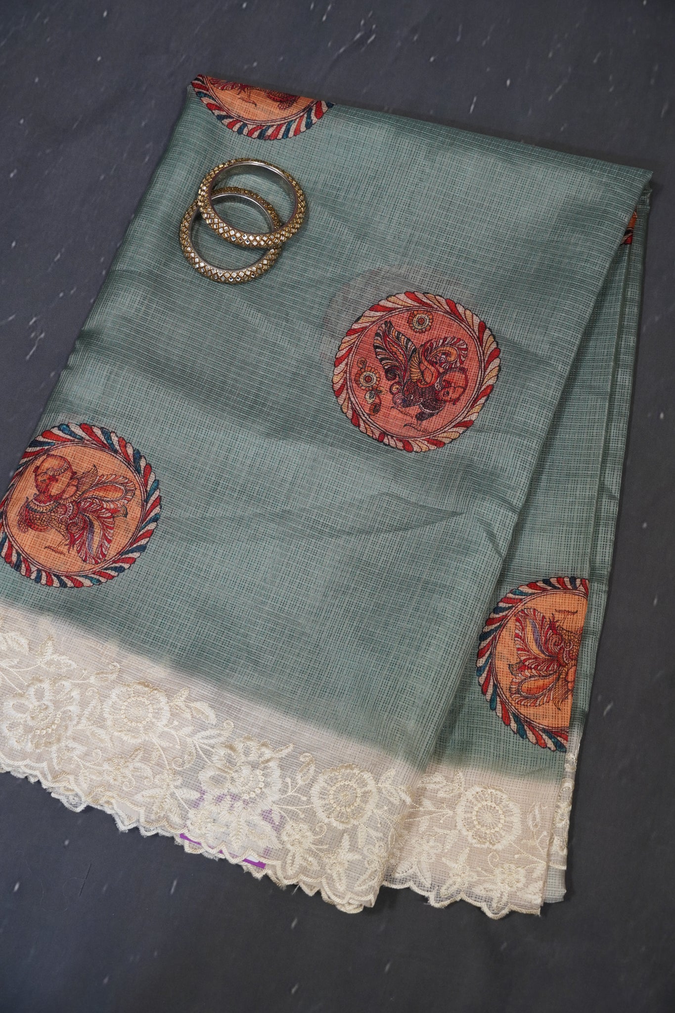 A Kota Saree - Embroidery Border - Metalic Green