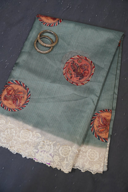 A Kota Saree - Embroidery Border - Metalic Green