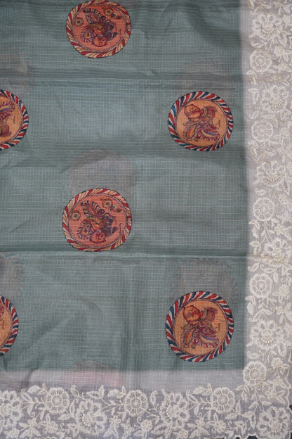 A Kota Saree - Embroidery Border - Metalic Green