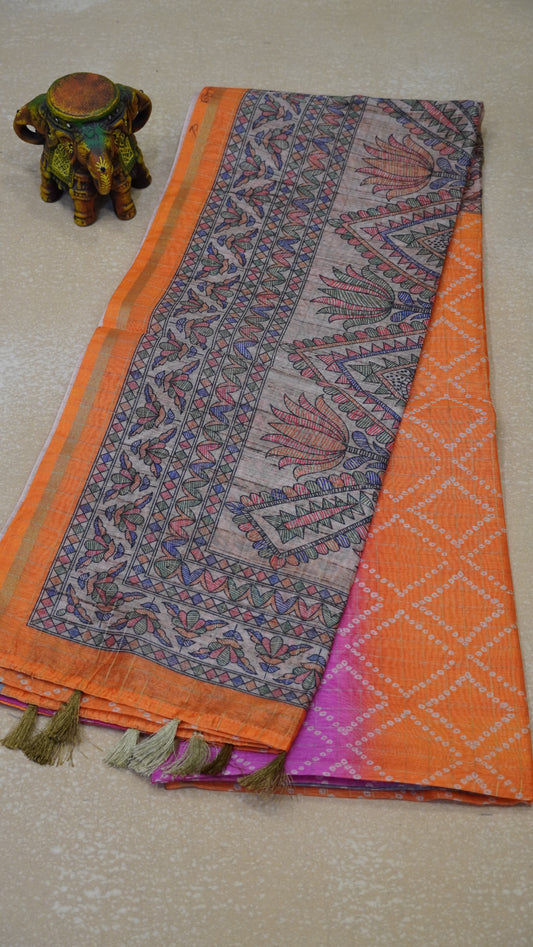Semi Chanderi Saree Diamond Print - Orange