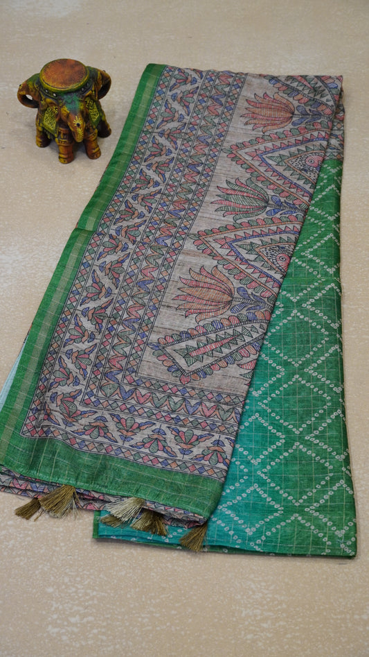Semi Chanderi Saree Diamond Print - Green