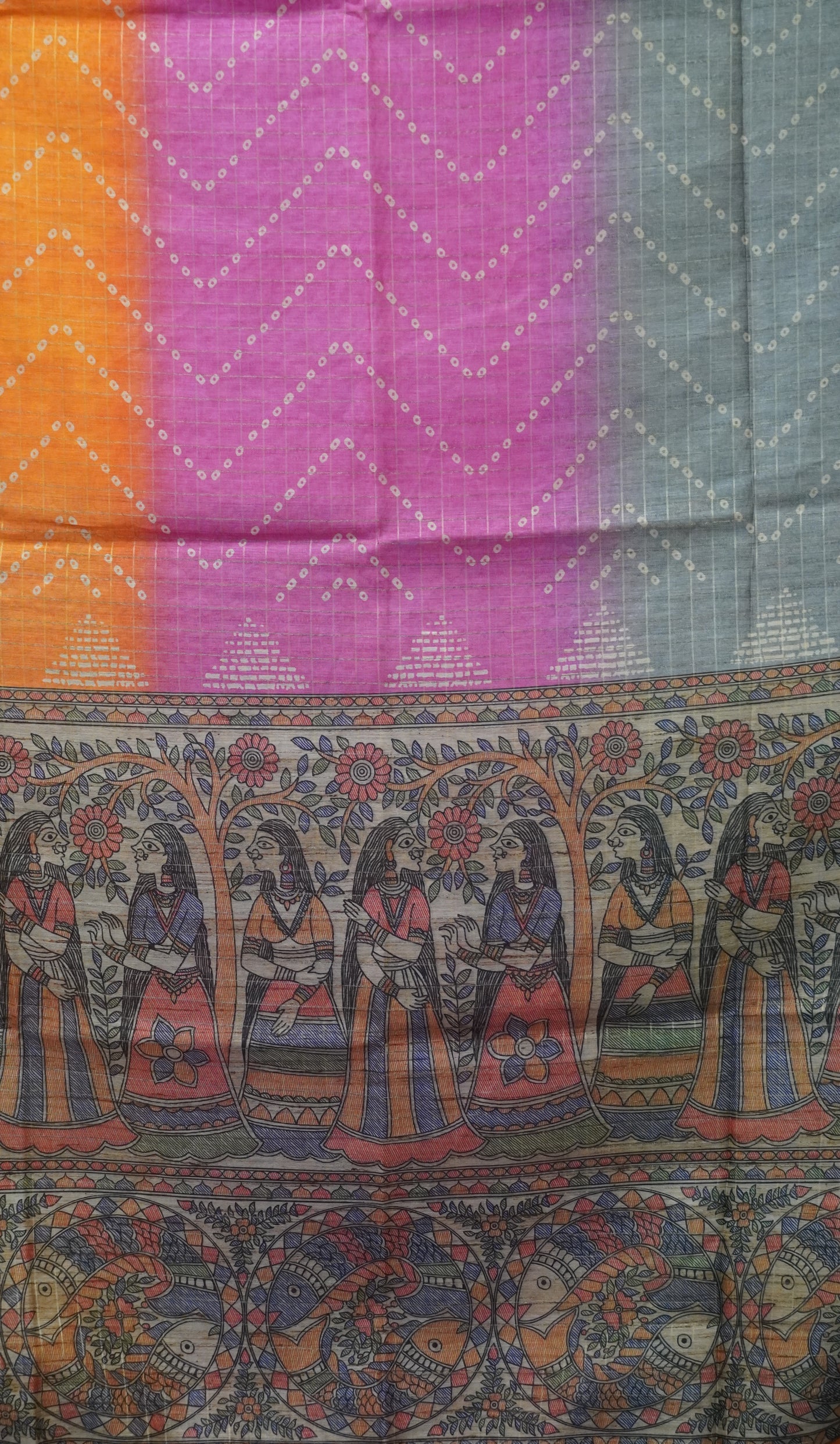 Semi Chanderi Saree Zig Zag Bandhini Print - Orange