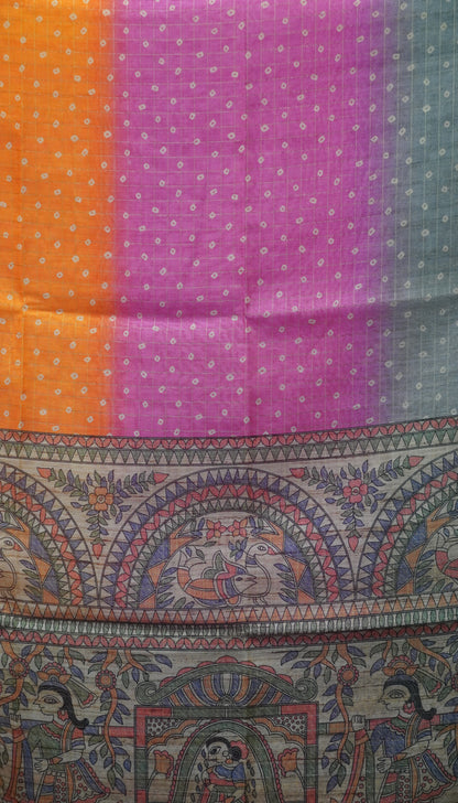 Semi Chanderi Saree Bandhini Print - Orange