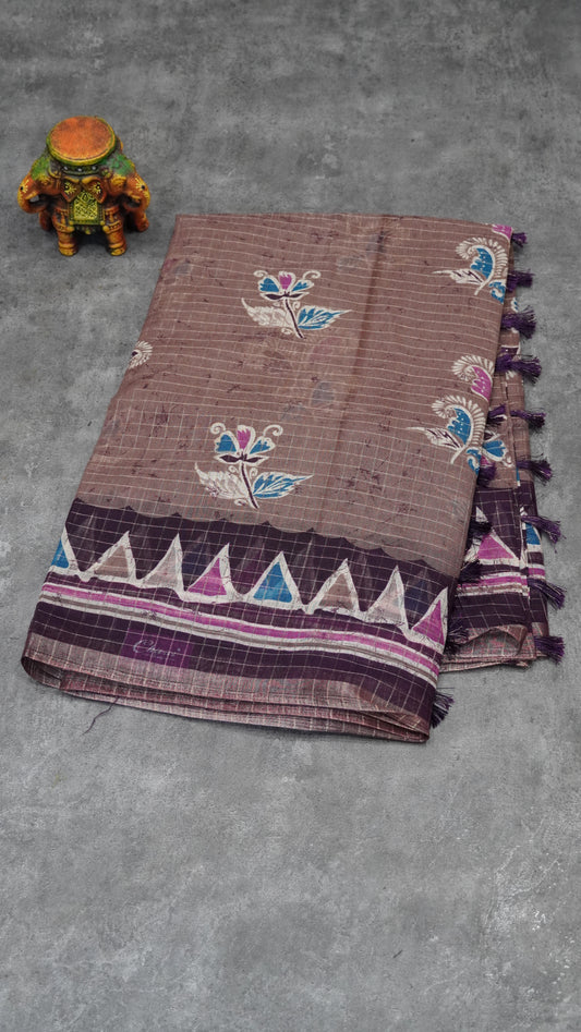Semi Tussar Saree With Zari Checks - Chocolate Brown