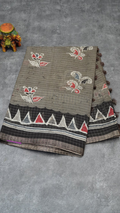 Semi Tussar Saree With Zari Checks - Grey