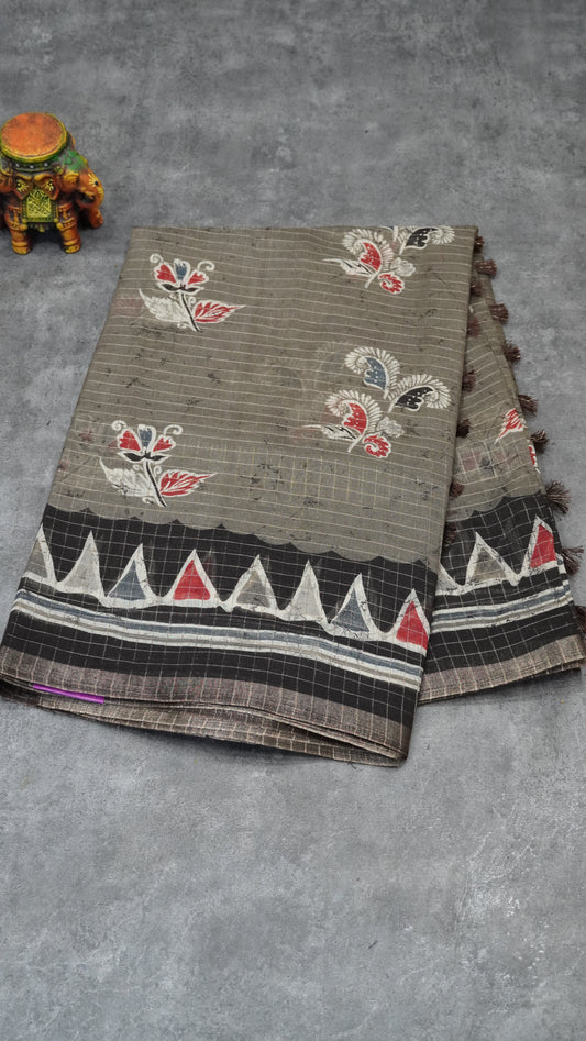 Semi Tussar Saree With Zari Checks - Grey
