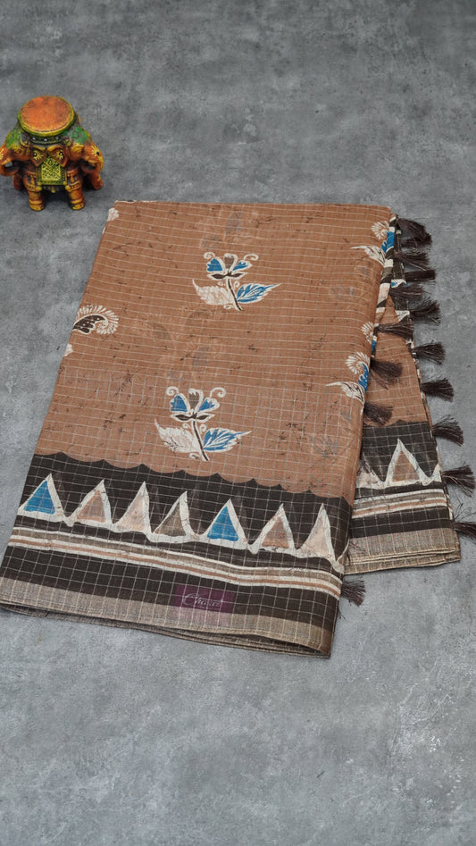 Semi Tussar Saree With Zari Checks - Brown