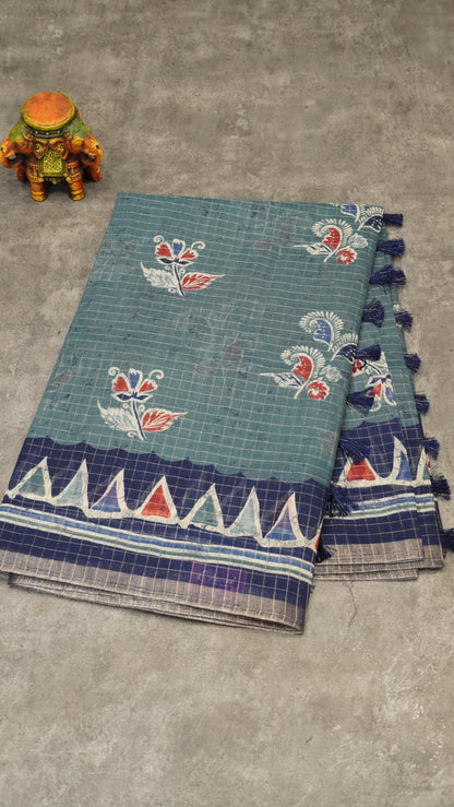 Semi Tussar Saree With Zari Checks - Greyish Blue