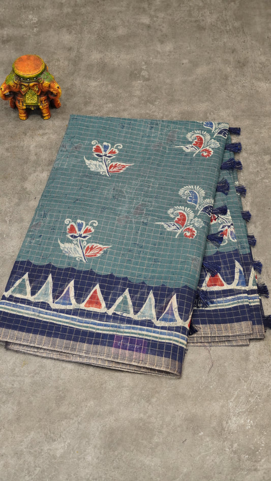 Semi Tussar Saree With Zari Checks - Greyish Blue