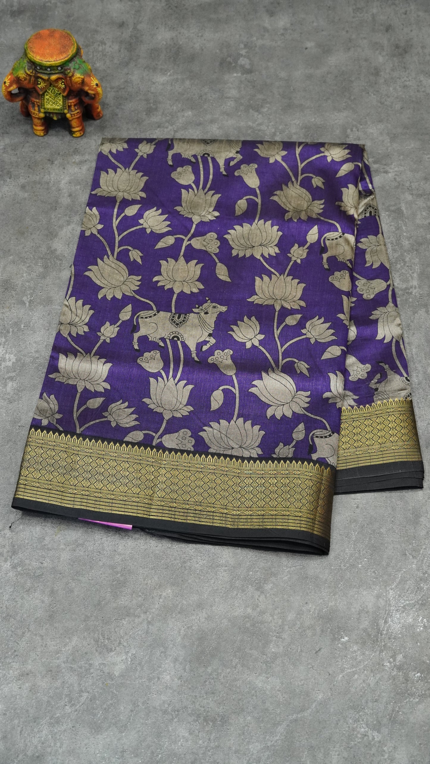 Semi Pattola Saree Pichwai & Floral Print with Black Border - Violet