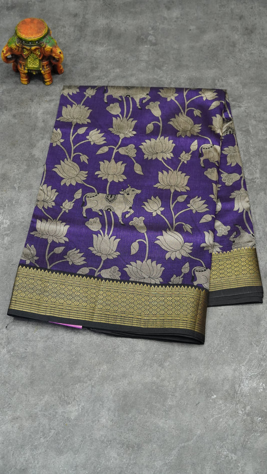 Semi Pattola Saree Pichwai & Floral Print with Black Border - Violet