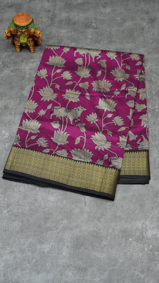 Semi Pattola Saree Pichwai & Floral Print with Black Border - Magenta