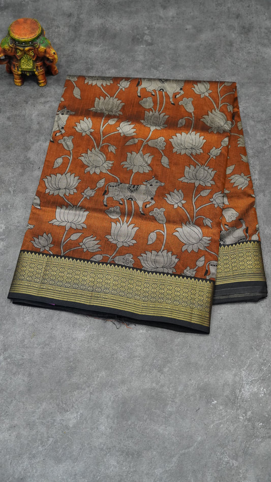 Semi Pattola Saree Pichwai & Floral Print with Black Border- Mustard