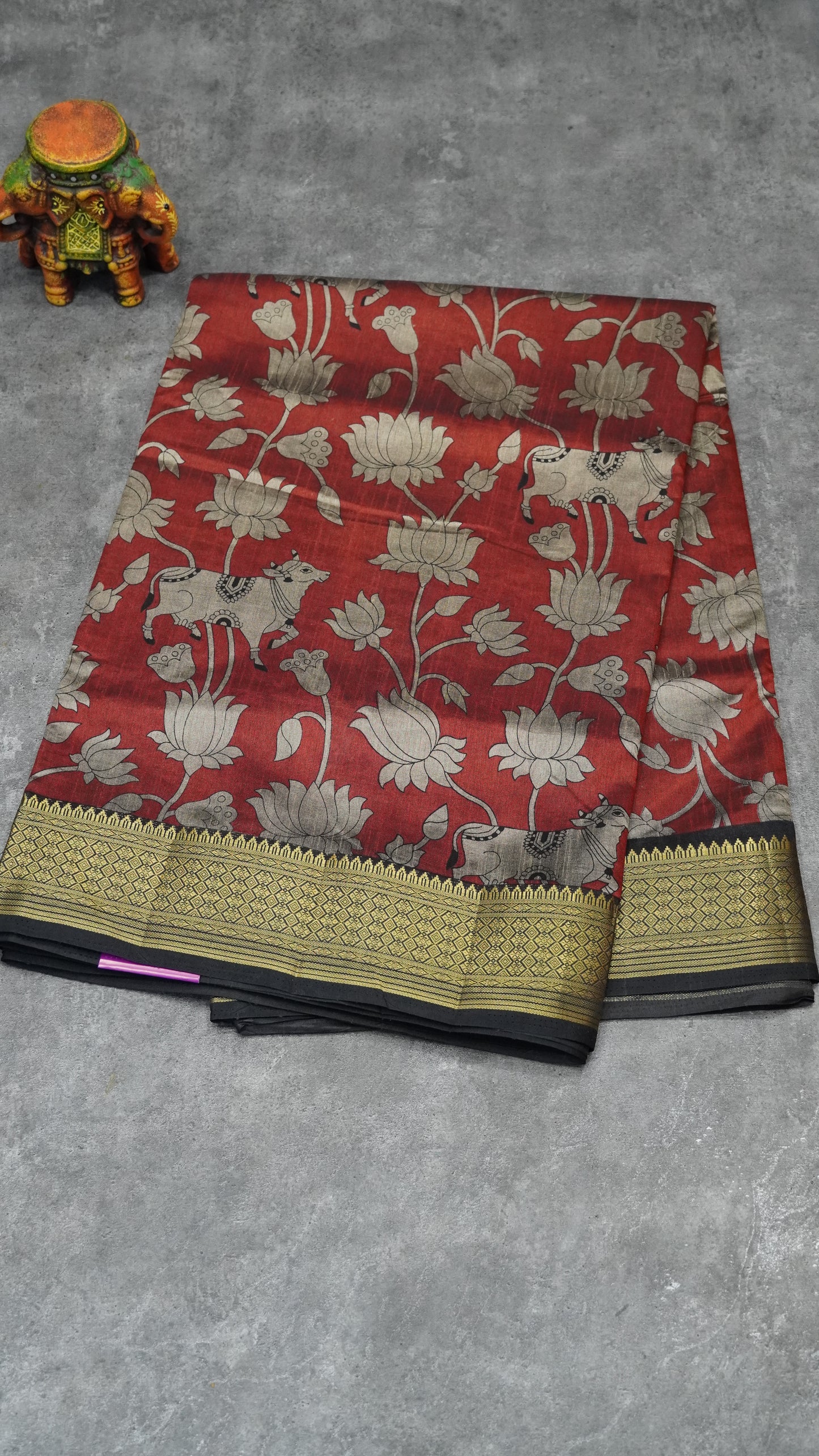 Semi Pattola Saree Pichwai & Floral Print with Black Border - Brown