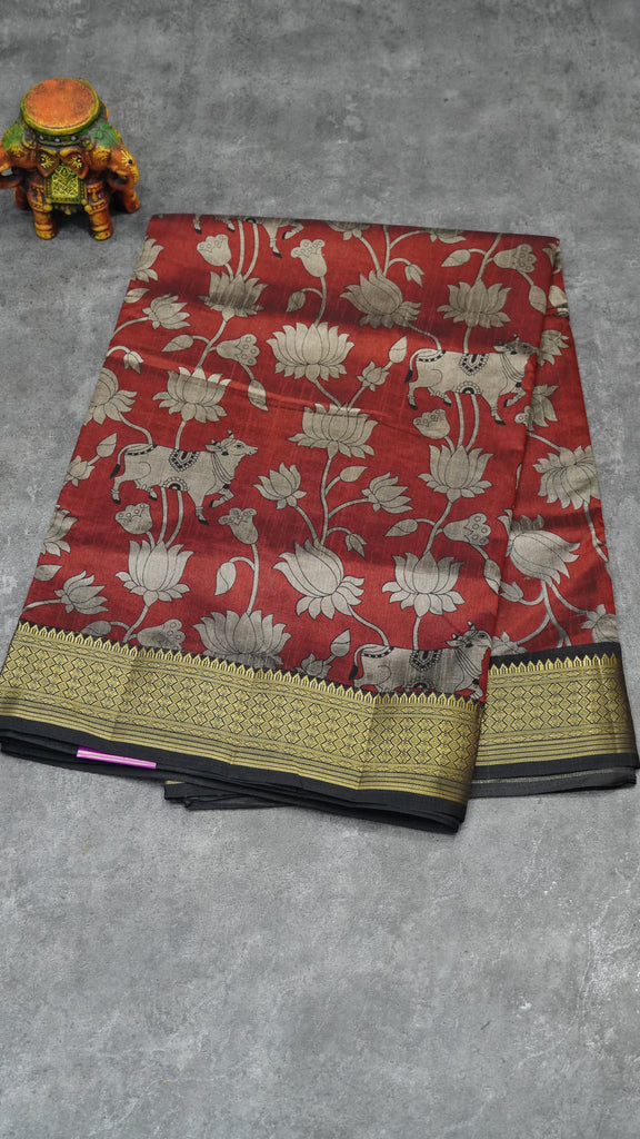 Semi Pattola Saree Pichwai & Floral Print with Black Border - Brown